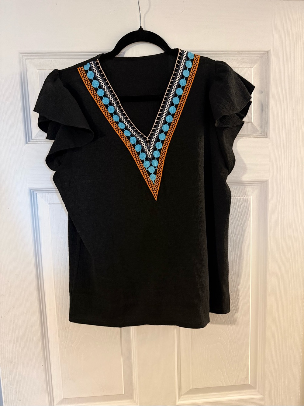 Black V-Neck Flutter Sleeve Top with Turquoise Trim